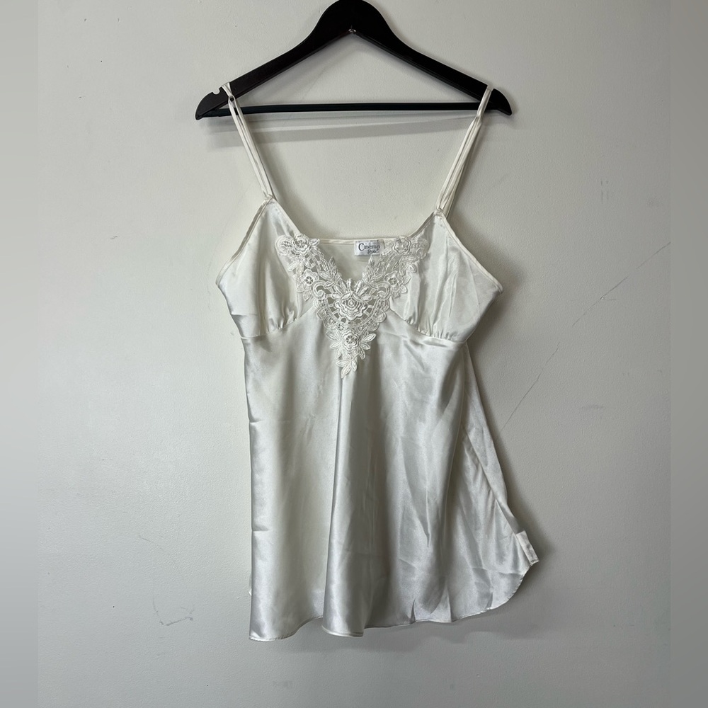 Vintage Cream Lace Trim Satin Tank Top Lingerie Camisole fairy Y2K coquette whim